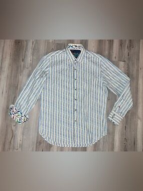 Robert Graham Shirt Mens M Blue Stripe Dinosaur Flip Cuff Long Sleeve Button Up